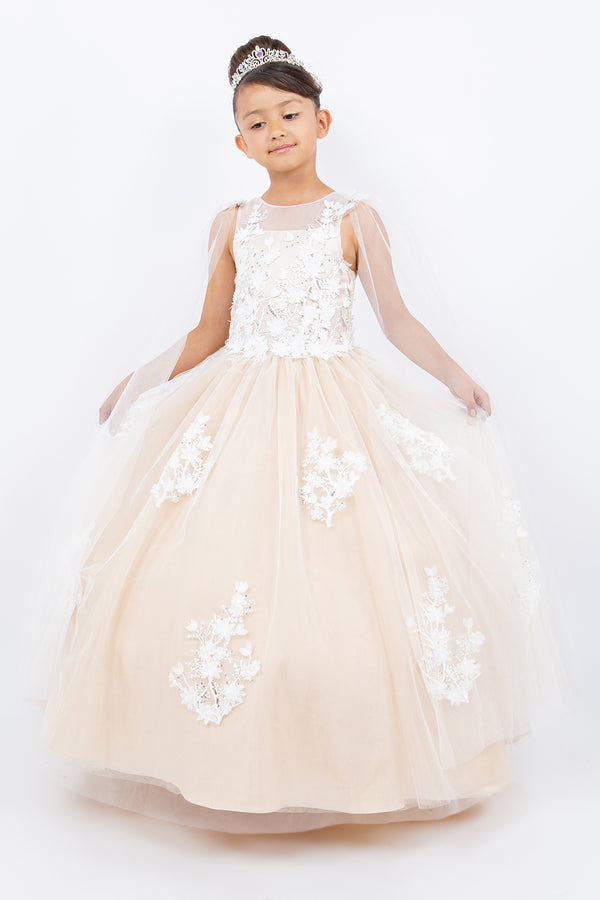Girls Illusion Top 3D Flowers Sheer Sleeve Flower Girl Dress 2-16